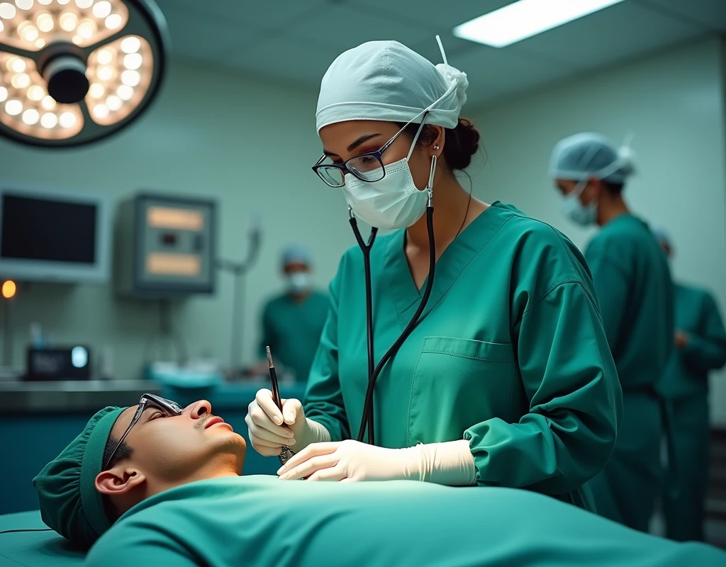 Sonakshi Sinha as surgeon, wearing green scrubs, wearing skull cap, wearing surgical glasses, examining male patient with stethoscope in gurney, in operation theatre, fullbody view,