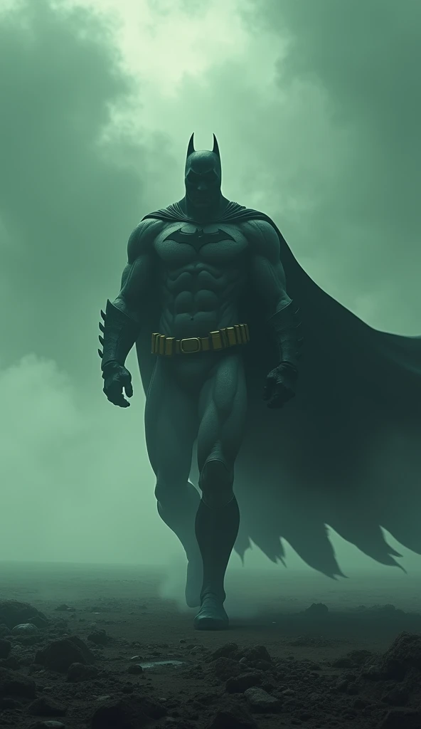 Gigantic batman walking across a plain in the distance amid fog, green haze, dark clouds, grimdark ,supense, unearthly, octan render, unreal engine , photorrealistic, hyper realism, highy detailed, high qualiy, intrincately detailed,Volumetric lighting, full character, 4K, ,hard disk ,Full HD, 8k, RTX, high resolution, detailed shadows, incredibily detailed, perfect, Dramatic scale
