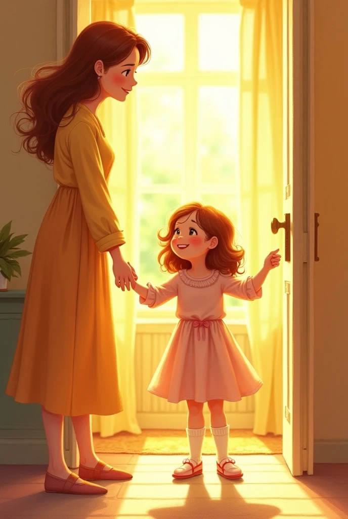 Girl holding mother's hands in a sunny room 、I have chestnut hair Light overflows from our joined hands Great happy feeling Watercolor The overall design is classic.、The color is dark yellow Picture book illustrations