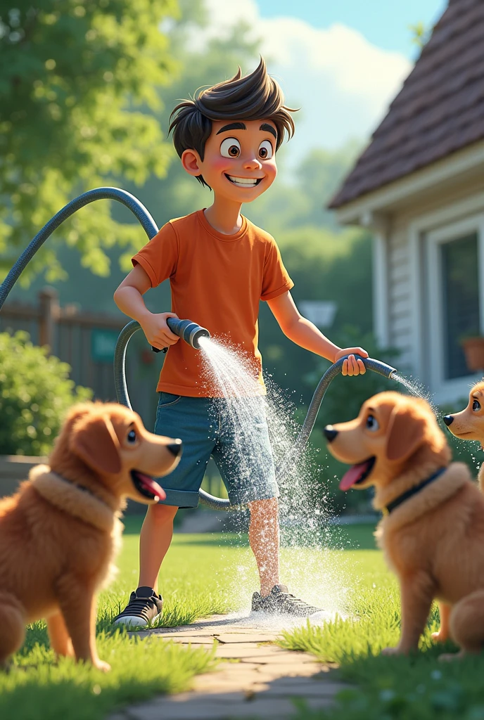 Person spraying dogs with a hose in a sign of mischief