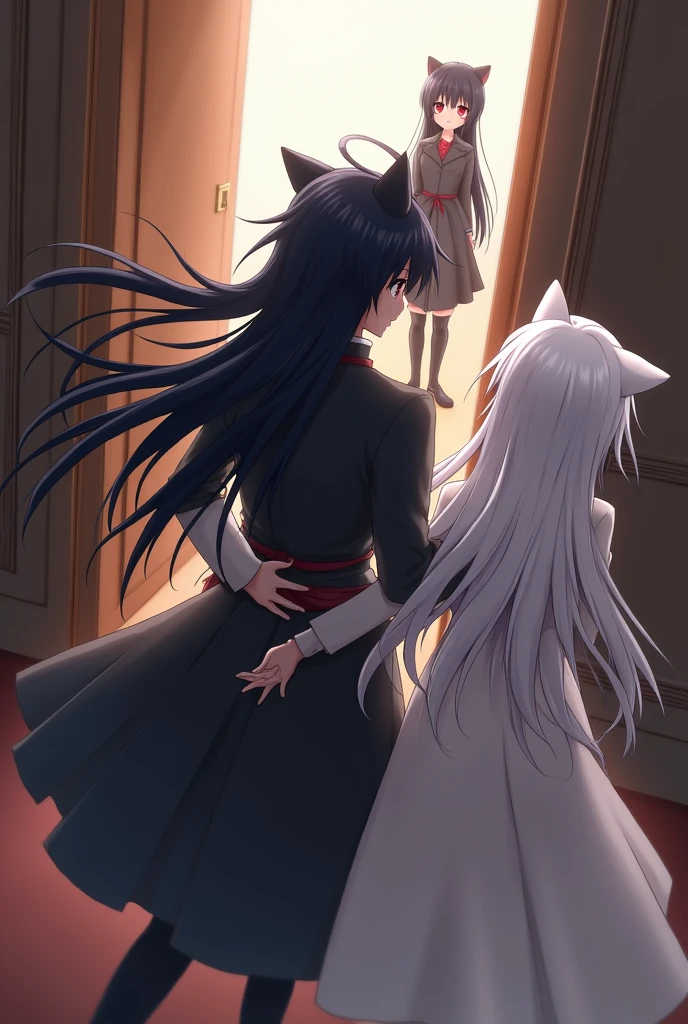 Anime boy with black hair and red eyes leaving the room with an anime woman with white long white hair and cat ears Anime woman with black hair and cat ears watching from afar 