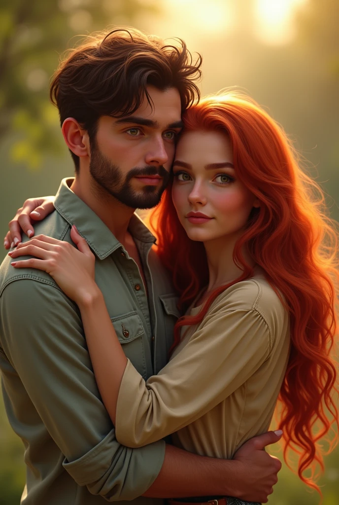 Make a girl with straight red hair hugging a man while they look forward, He has a beard and slightly brown hair.