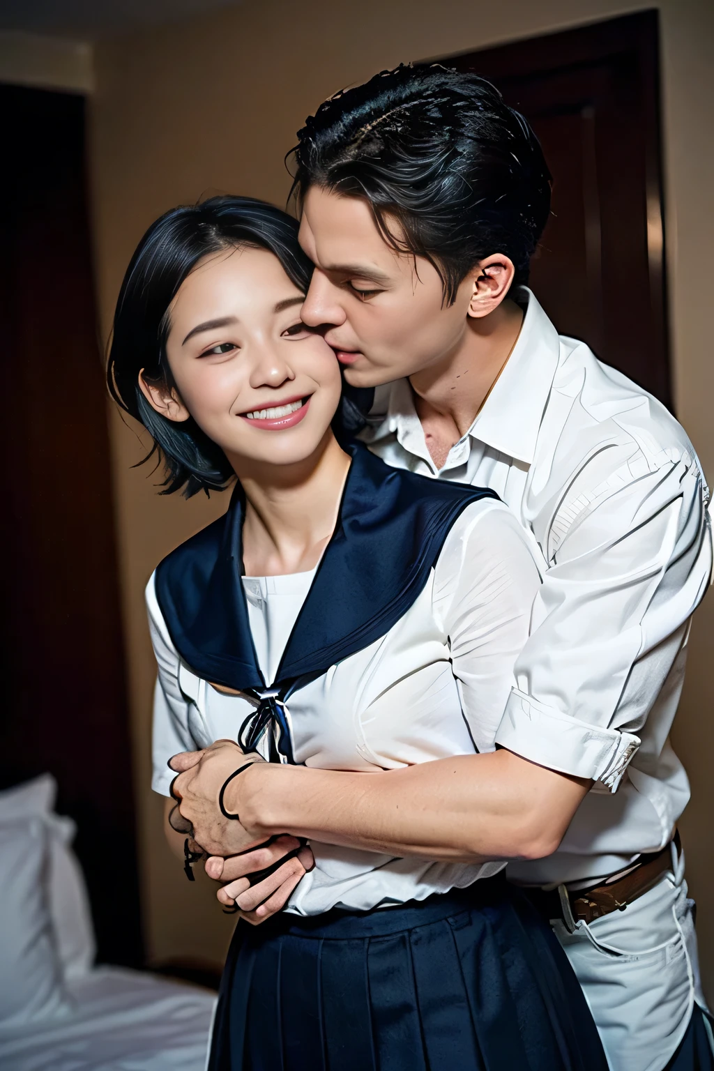 (8k,RAW Photos、RAW Photos、Highest quality、masterpiece:1.2)、Very detailed、Super Resolution、(Realistic:1.3)、((Cowboy shot taken from the front:1.4))、Sharp depiction of light and shadow、High resolution raw color photos、Professional photos、((Hotel Bedroom:1.4))、((A man hugs a woman from behind:1.4))、Drawing faithful to anatomy、Very detailed and beautiful、super high quality、((Short Hair Girl:1.4))、beautiful girl、((Sailor suit schoolgirl:1.4))、((A high school girl is wearing a navy blue pleated skirt。:1.4))、Upper Body、((Men with short black hair:1.5))、((white dress shirt for men:1.4))、((Smiling woman:1.4))、((The two embrace, Deep Kiss, And then we said goodbye.:1.4))