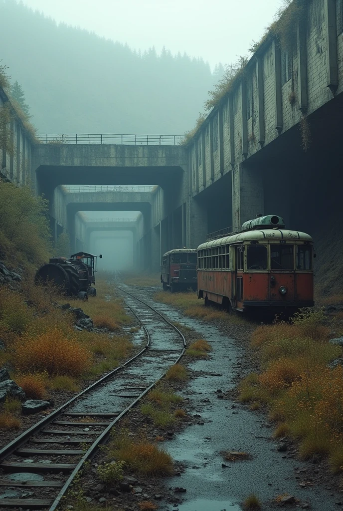 (best quality,4K,8K,high resolution, masterpiece:1.2),Extremely detailed, Clear focus,(Realist,photoRealist,fotorRealista:1.37),Extremely fine details, Intricate details,Bright colors,Intense colors,Depth comparison,Cinematic Depth of Field,Film composition,Movie camera angle(Photography focuses on abandoned industrial machinery.), Abandoned coal mine landscape, Machine placement, ((Trolleybus in ruins, 放置されたheavy equipment, Industrial waste)), Quiet, , The Minimalists, Industrial Environment, heavy equipment, net, dusty, Disturbing silence, the crumbling walls, Oxide, Overgrown vegetation, Remnants of past activities, Dark Space, Broken windows, colores Quiets, Mysterious atmosphere