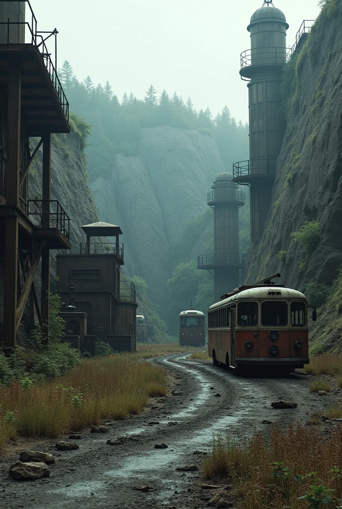 (best quality,4K,8K,high resolution, masterpiece:1.2),Extremely detailed, Clear focus,(Realist,photoRealist,fotorRealista:1.37),Extremely fine details, Intricate details,Bright colors,Intense colors,Depth comparison,Cinematic Depth of Field,Film composition,Movie camera angle(Photography focuses on abandoned industrial machinery.), Abandoned coal mine landscape, Machine placement, ((Trolleybus in ruins, 放置されたheavy equipment, Industrial waste)), Quiet, , The Minimalists, Industrial Environment, heavy equipment, net, dusty, Disturbing silence, the crumbling walls, Oxide, Overgrown vegetation, Remnants of past activities, Dark Space, Broken windows, colores Quiets, Mysterious atmosphere