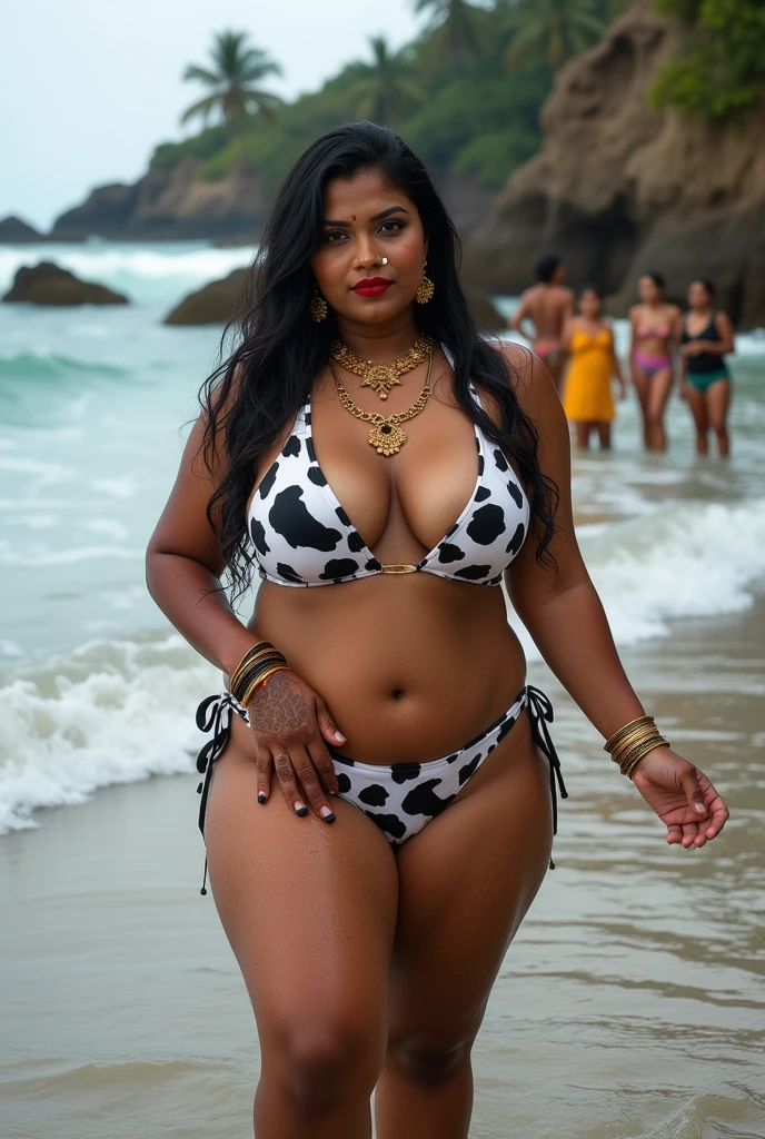 Wet CURVY FIT PAWG MARRIED INDIAN BRIDE, full body picture , BBW Wet curvy, wet Desi Bhabhi showing her big ass in sexy thong COW pattern bikini and showing cleavage and in nose ring, many red gold bangles in hands,earings, necklace ,lipstick ,navel,Indian, Chubby, showing her curves in sea water, sea waves , rocks, Group of lesbian women, Henna Mehendi, with husband and children