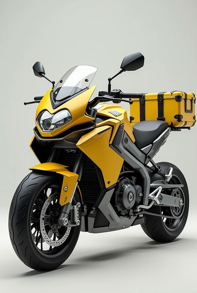 Automatic motorcycle 250cc yellow with gray and white military-type metal exoskeleton all terrain with suitcases on the sides and back high loading area round headlights like a rigid simple futuristic scooter design 