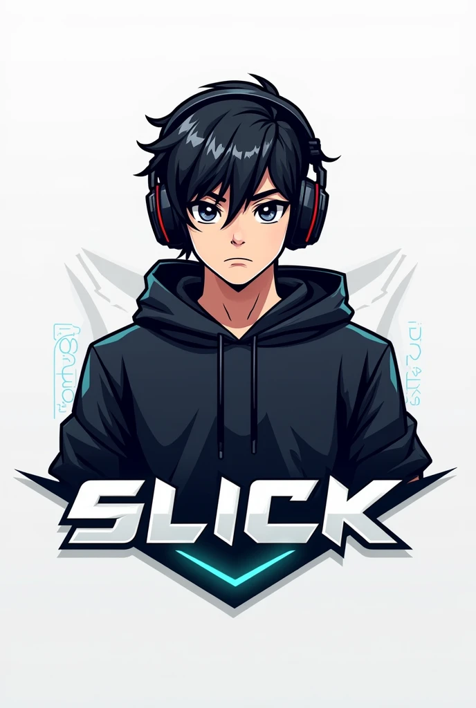 Create a logo of a gamer boy wearing headphones and a black hoodie, e abaixo dele, write in blank "slick"