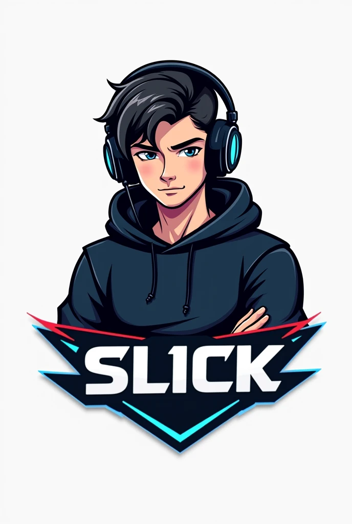 Create a logo of a gamer boy wearing headphones and a black hoodie, e abaixo dele, write in blank "slick"