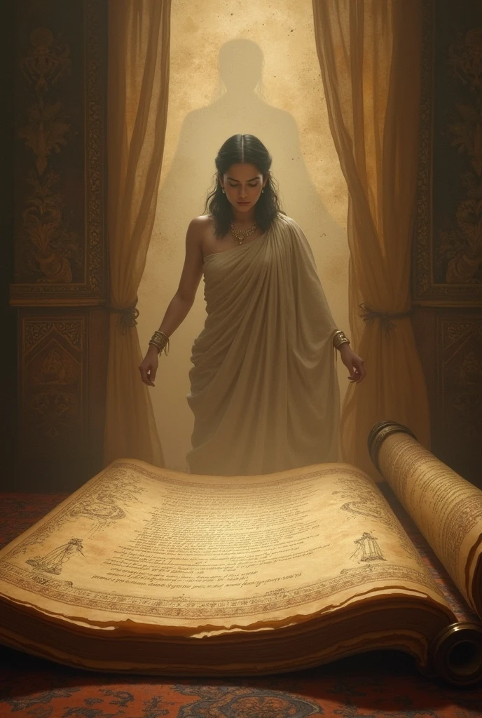 Historical scrolls with her legend: A scene with ancient scrolls or manuscripts being written, telling the tales and mysteries of Rani Lakshmi Bai, with faint images of her in the background.Historical images in 9:16 ratio
