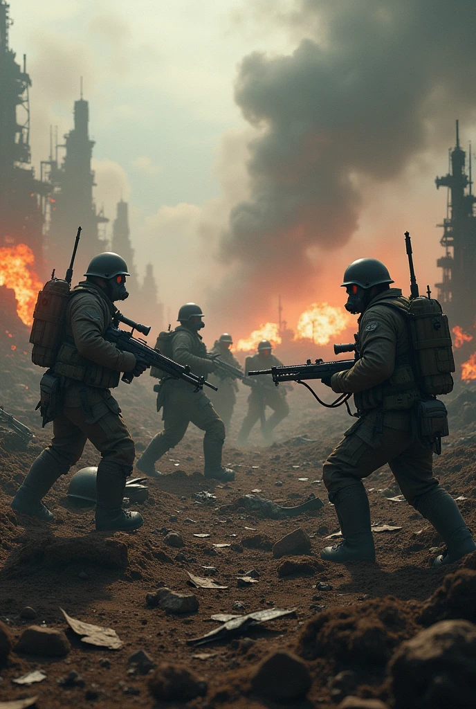 epic trench warfare with massive destruction and death in diesel punk theme