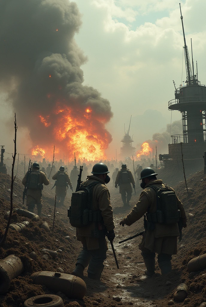 epic trench warfare with massive destruction and death in diesel punk theme