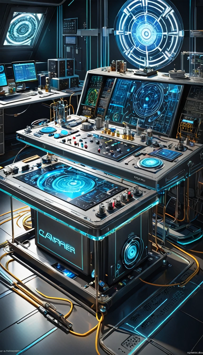 Futuristic TARDIS control console, made from a frame, metal coated., magic circle on the ground, and a kaleidoscope of shimmering neon lines in the sky, transparent, pure neon color, precision instruments, car, части car, VEL, wire cables, analyzer, laboratories, (Ultra detailed, Absolute resolution, Best quality:1.3), 2.5D, gentle and dynamic effects, art photography, hyperrealistic, CG graphics digital fantasy art