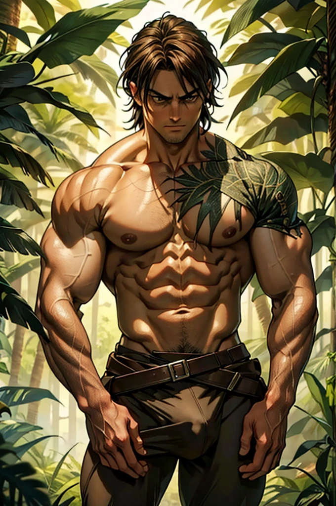 Muscular bodybuilder, Eren Yeager, partially  upper body, lower body uncovered from thighs to feet, long brown hair, intricate muscular details, photorealistic artwork, 4K quality. Background: Dense jungle with ancient ruins,32k uhd, best quality, masterpiece, super detail, high details