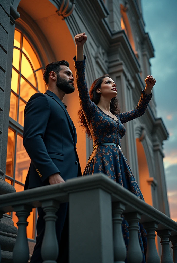 a bearded and masculine man, woman dressed on the balcony of a building screaming "Long live the death of my dick!" with enthusiasm, cinematic light, detailded, ultra reality,high resolution, comic design