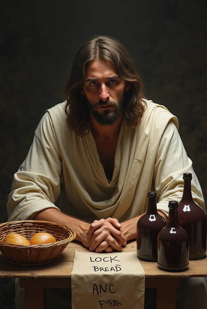 Jesus of Nazerath with shrugged shoulders, sitting behind a table with empty baskets and full jugs of wine. Sign on table reads "SORRY! NO MORE BREAD OR FISH"