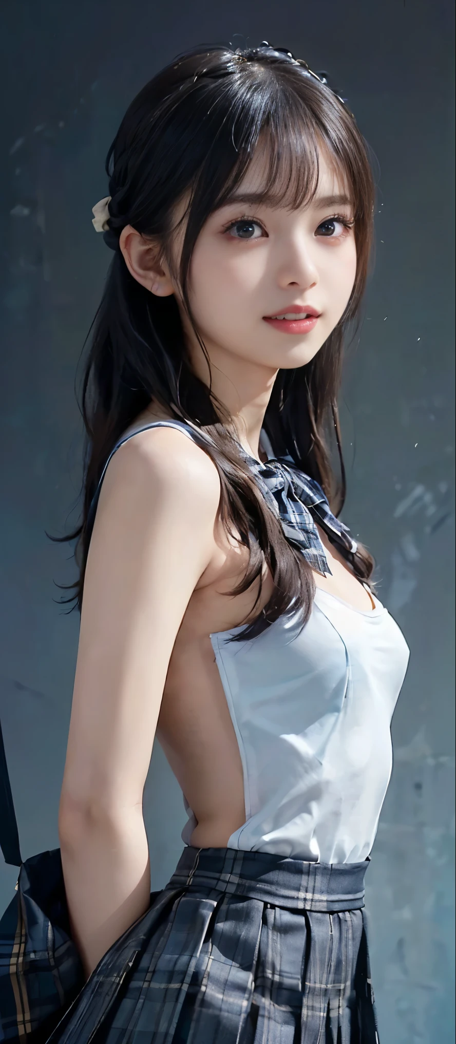 (Highest quality, masterpiece:1.2), Highest quality, Realistic, photograph, High resolution, 1080P, 8k, Physical Rendering, ((height: 155cm、Slim and slender style、medium firm chest)), ((((((Beautiful fashion models featured in Japanese fashion magazines。、Look directly at the viewer)))))), (((big, Very fine, Beautiful dark brown eyes))), ((((Everyone loves me、They are Laughter at me.!)))), Detailed fingers, (((length, Curled bangs))), ((((Very noble and cute eyes, Every detail is carefully drawn)))), ((double eyelid)), (((length eyelashes))), ((cute、Adorable、Adorable、Laughter、Laughter頬)), ((Pure white light hits my nose and cheeks. Her eyes and the white skin of her face are beautifully white.........)), (((((Her face is very expressive、With a noble smile。, so sweet, very smart))))), ((((A striking plain navy large school ribbon bow tie)))), ((((so beautiful、very long black braided hair)))), (((((((She rolled up her formal long pleated skirt, Blue and navy tartan check,))))))), ((((The size is a bit small、She lifted up her white sleeveless shirt with a gold emblem on it., She shows off her beautiful small breasts.、Upper body nude)))), ((As elegant as a noble princess)), ((Girls exposing their breasts in the classroom)), ((from before, Create striking images..))