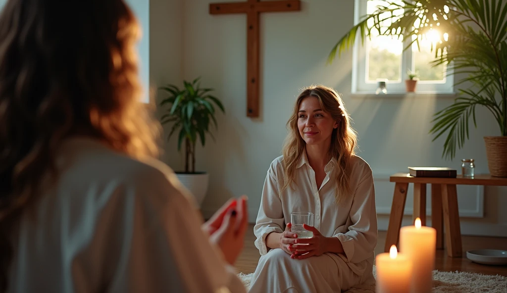 Create an ultra-realistic image of a serene and spiritually charged moment. A person is seated in a calm, softly lit room, holding a glass of water in their hands, preparing for a powerful blessing ritual. The room exudes warmth and peace, with elements such as a wooden cross on the wall, a Bible on a small table, and a few candles softly glowing, symbolizing faith and divine presence. The person's expression is focused and filled with anticipation, embodying the deep faith that connects them to something greater. Sunlight filters gently through a window, adding a divine glow to the scene. The image should evoke a sense of sacredness, emphasizing the importance of faith, gratitude, and the transformative power of spiritual rituals.