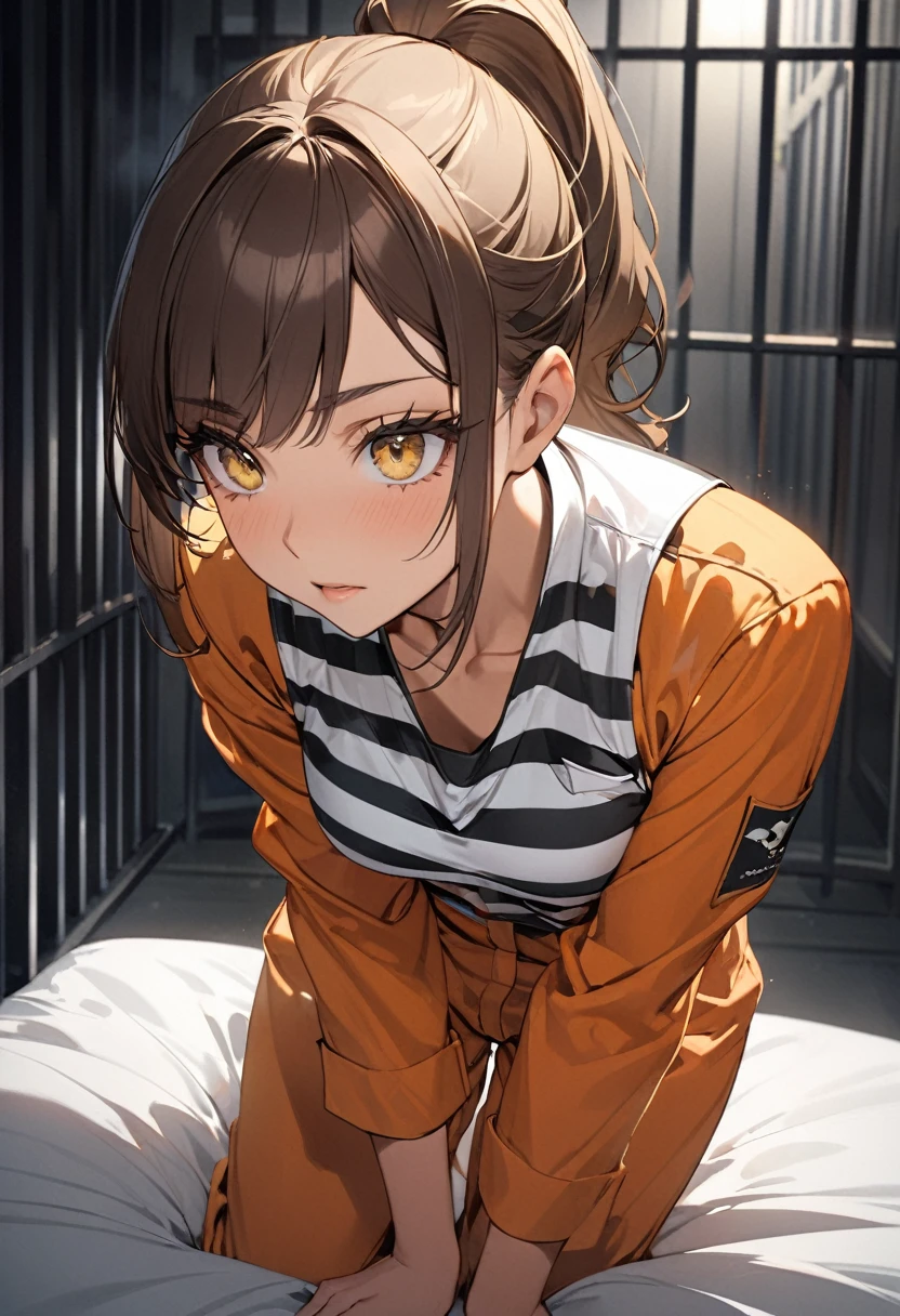 ((best quality)), ((Masterpiece)), (details), Young woman, alone, (Medium bust, brown hair, yellow eyes, ((Ponytail)) , Hip fart, handsome face, (Tanned skin:1.3), Long eyelashes,Thick eyelashes) , jumpsuit, Prisoner uniform, bed, Jail, dark room