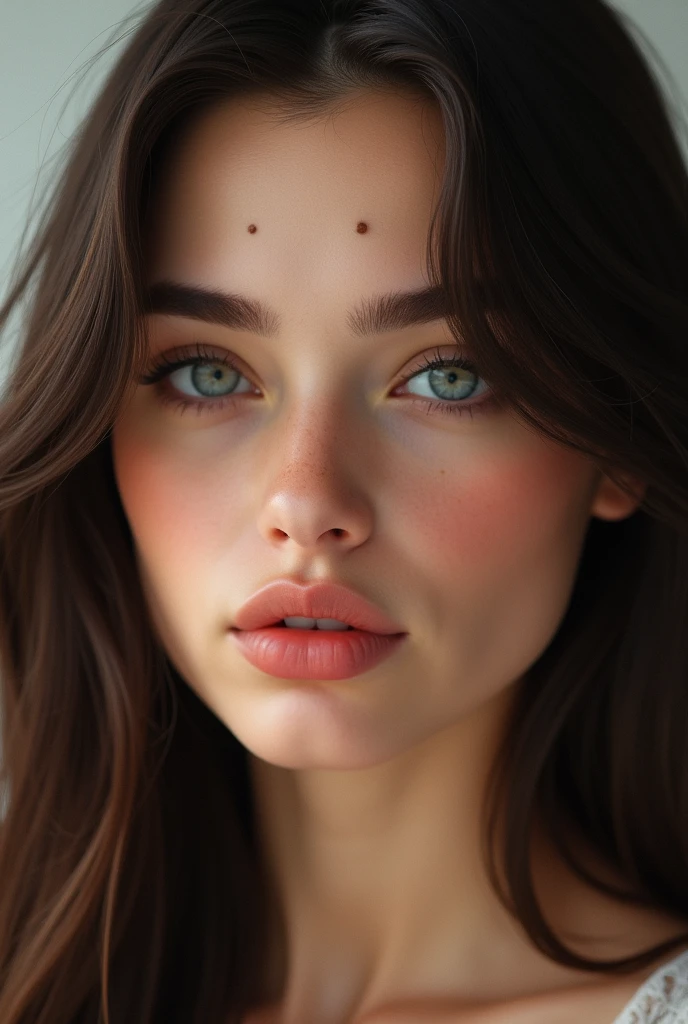 **Image description:**
- **AGE**: 23 years.
- **hair**: dark brown, straight or slightly wavy, falling to the shoulders.
- **eyes**: Big and bulging, black.
- **Lips**: Elongated and pretty, with a natural and balanced shape.
- **Additional Details**: Just above the upper lip, On the right side, There are two small moles close to each other.