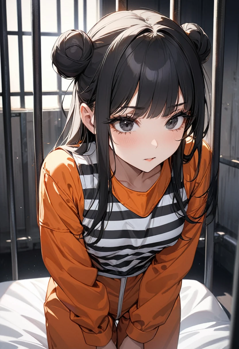 ((best quality)), ((Masterpiece)), (details), Young woman, alone, (Medium bust, black hair, black eyes, ((long hair, buns)) ,(Bangs),Hip fart,Long eyelashes,Thick eyelashes) , jumpsuit, Prisoner uniform, bed, Jail, dark room