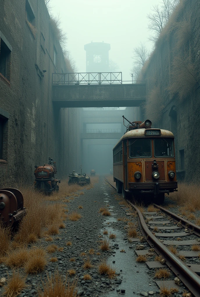 (best quality,4K,8K,high resolution, masterpiece:1.2),Extremely detailed, Clear focus,(Realist,photoRealist,fotorRealista:1.37),Extremely fine details, Intricate details,Bright colors,Intense colors,Depth comparison,Cinematic Depth of Field,Film composition,Movie camera angle(Photography focuses on abandoned industrial machinery.), Abandoned coal mine landscape, Machine placement, ((Trolleybus in ruins, 放置されたheavy equipment, Industrial waste)), Quiet, , The Minimalists, Industrial Environment, heavy equipment, net, dusty, Disturbing silence, the crumbling walls, Oxide, Overgrown vegetation, Remnants of past activities, Dark Space, Broken windows, colores Quiets, Mysterious atmosphere