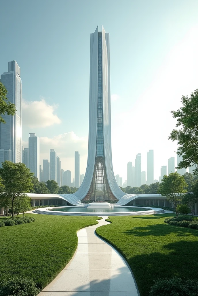 a modern city, where in the center we have a large circular garden. In the center of this garden, we have a white tower, with glass and concrete, in cylindrical shape, that goes to the sky.