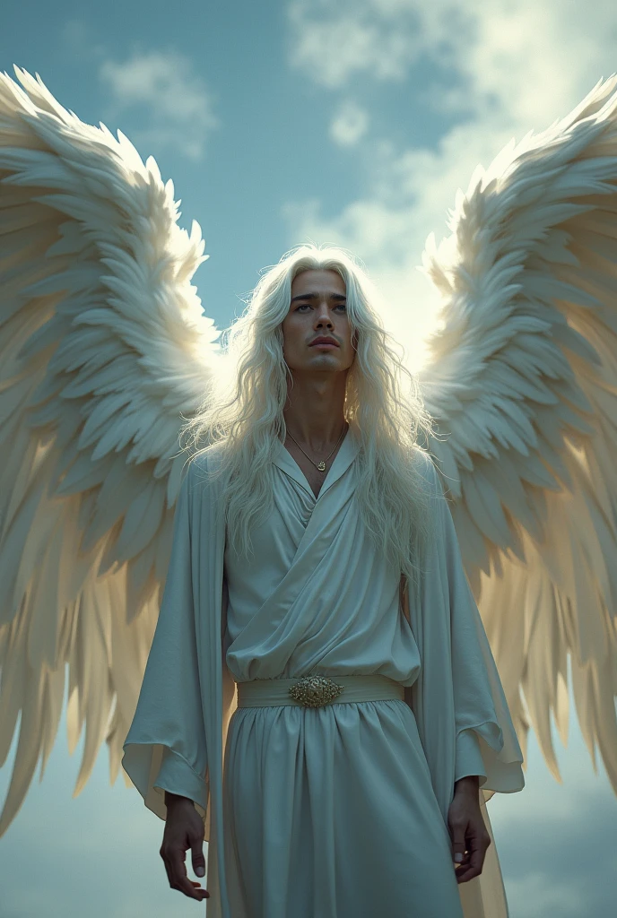 Long haired half angel man.has huge wings on its back.Her hair is white