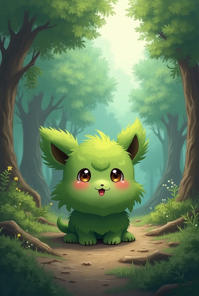 A cute sad green character pokemon type about the deforestation