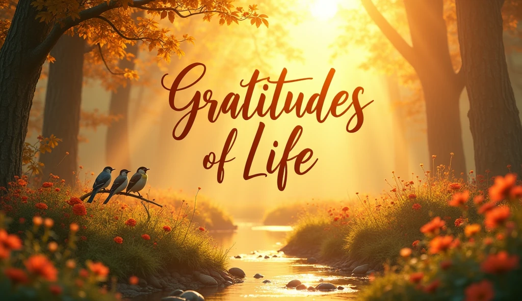 Create a warm, uplifting image that symbolizes the gratitudes of life, designed to inspire and evoke positive emotions. The image should feature a serene, sunlit landscape at dawn, with golden light streaming through the trees of a peaceful forest or over a tranquil meadow. In the foreground, include symbols of life's blessings, such as a family of birds perched together on a branch, blooming flowers in vibrant colors, and a gently flowing stream reflecting the morning light. The elements should be arranged harmoniously, creating a sense of balance and tranquility.

In the center or top of the image, overlay the words "Gratitudes of Life" in an elegant, flowing script that complements the natural beauty of the scene. The text should be in a soft, golden hue to match the warm tones of the sunrise, with a slight shadow or glow effect to make it stand out without overwhelming the composition. The font should be easy to read yet artistic, conveying a sense of calm and appreciation.

The overall atmosphere of the image should be one of peace, contentment, and a deep connection with nature, reminding viewers of the simple joys and blessings that life offers.

