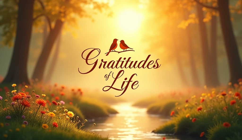 Create a warm, uplifting image that symbolizes the gratitudes of life, designed to inspire and evoke positive emotions. The image should feature a serene, sunlit landscape at dawn, with golden light streaming through the trees of a peaceful forest or over a tranquil meadow. In the foreground, include symbols of life's blessings, such as a family of birds perched together on a branch, blooming flowers in vibrant colors, and a gently flowing stream reflecting the morning light. The elements should be arranged harmoniously, creating a sense of balance and tranquility.
In the center or top of the image, overlay the words "Gratitudes of Life" in an elegant, flowing script that complements the natural beauty of the scene. The text should be in a soft, golden hue to match the warm tones of the sunrise, with a slight shadow or glow effect to make it stand out without overwhelming the composition. The font should be easy to read yet artistic, conveying a sense of calm and appreciation.
The overall atmosphere of the image should be one of peace, contentment, and a deep connection with nature, reminding viewers of the simple joys and blessings that life offers.