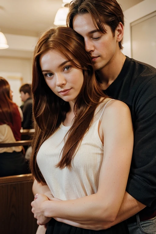 An alpha male type, with blone hair and dark blue eyes hugging a fierce woman with red-hair and amber eyes