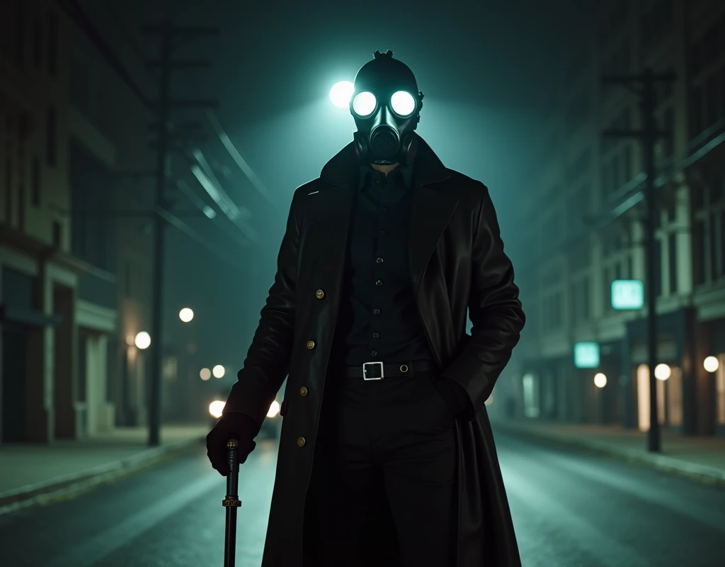Retro TV style,A man wearing a long black leather jacket wearing a black gas mask, the glasses on the gas mask glowed white, black gloves on his hands, and a cane in one hand, standing in the middle of the dark wide uninhabited city street in the middle of the night, there was a large car light behind the man illuminating his figure