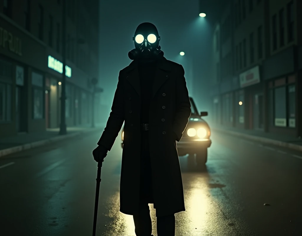 Retro TV style，A man wearing a long black leather jacket wearing a black gas mask, the glasses on the gas mask glowed white, black gloves on his hands, and a cane in one hand, standing in the middle of the dark wide uninhabited city street in the middle of the night, there was a large car light behind the man illuminating his figure