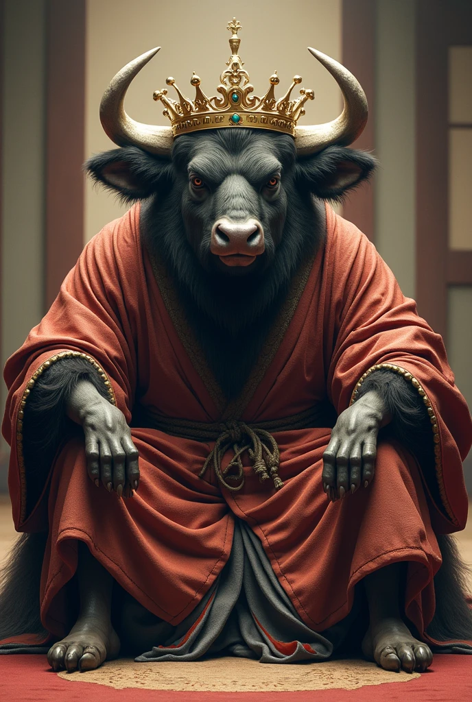 A buffalo with a crown sitting like a king in a Jiu Jitsu kimono 