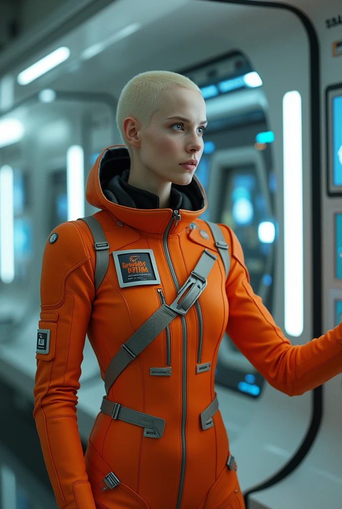 caucasian woman, short shaved hair. 3, androgynous traits. This one in an orange astronaut suit in a modern spaceship