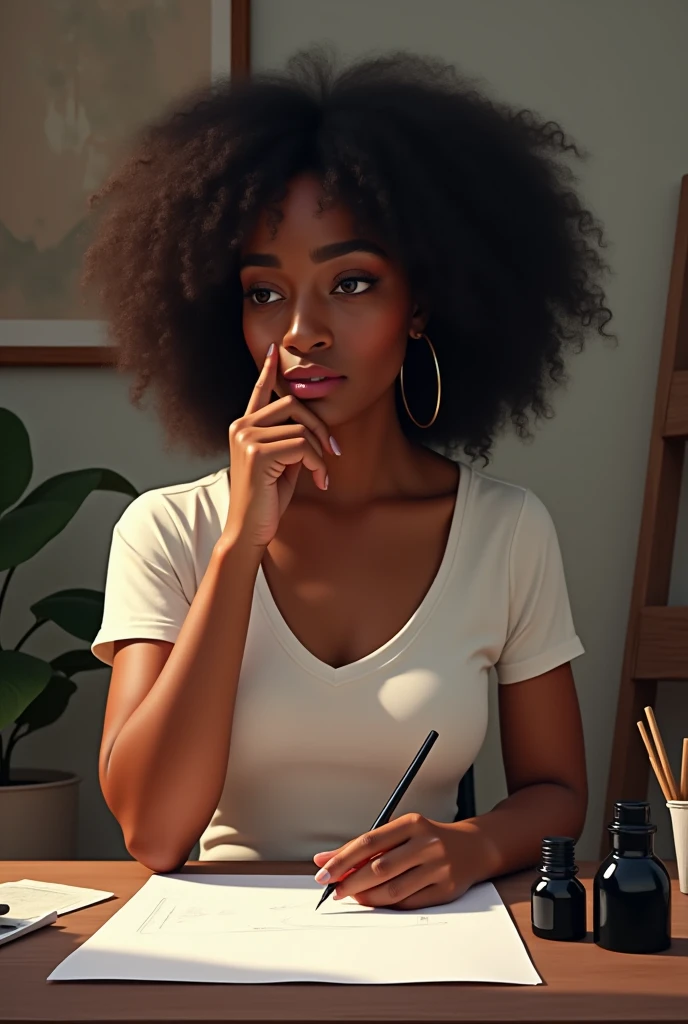 Woman with dark skin and curly hair wearing a closed t-shirt, sitting in front of the table with a drawn paper and bottles of ink, holding a pencil and looking forward