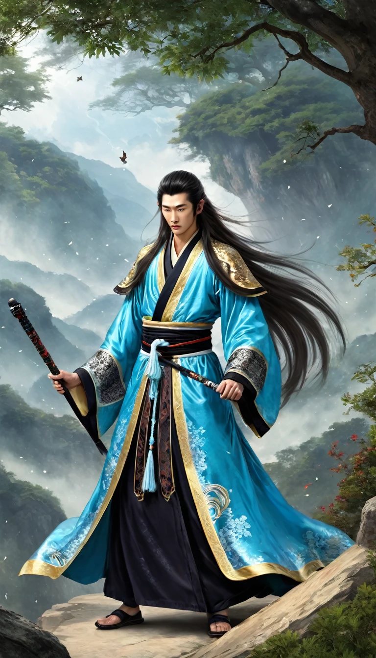 In the beginning of chaos,The tall and slender Fuxi stands,面容Handsome and resolute,Long hair flutters in the wind,身上穿着绣有Mystical Runes的Animal skin robes。 Prompt word:Chaos World,Tall Fuxi,Handsome and resolute,Long hair fluttering,Animal skin robes,Mystical Runes