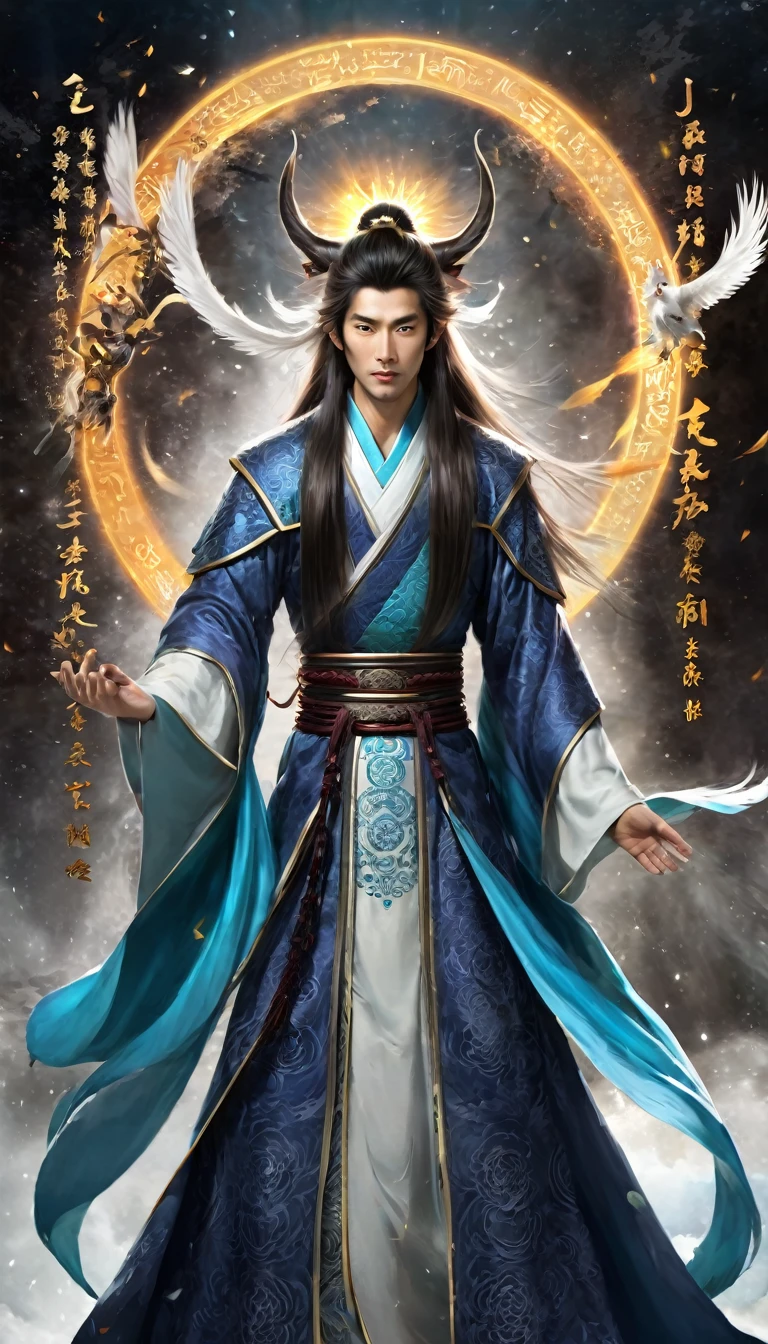 In the beginning of chaos,The tall and slender Fuxi stands,面容Handsome and resolute,Long hair flutters in the wind,身上穿着绣有Mystical Runes的Animal skin robes。 Prompt word:Chaos World,Tall Fuxi,Handsome and resolute,Long hair fluttering,Animal skin robes,Mystical Runes