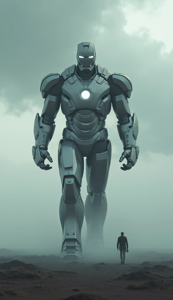 Gigantic ironman walking across a plain in the distance amid fog, white haze, dark clouds, grimdark ,supense, unearthly, octan render, unreal engine , photorrealistic, hyper realism, highy detailed, high qualiy, intrincately detailed,Volumetric lighting, full character, 4K, ,hard disk ,Full HD, 8k, RTX, high resolution, detailed shadows, incredibily detailed, perfect, Dramatic scale