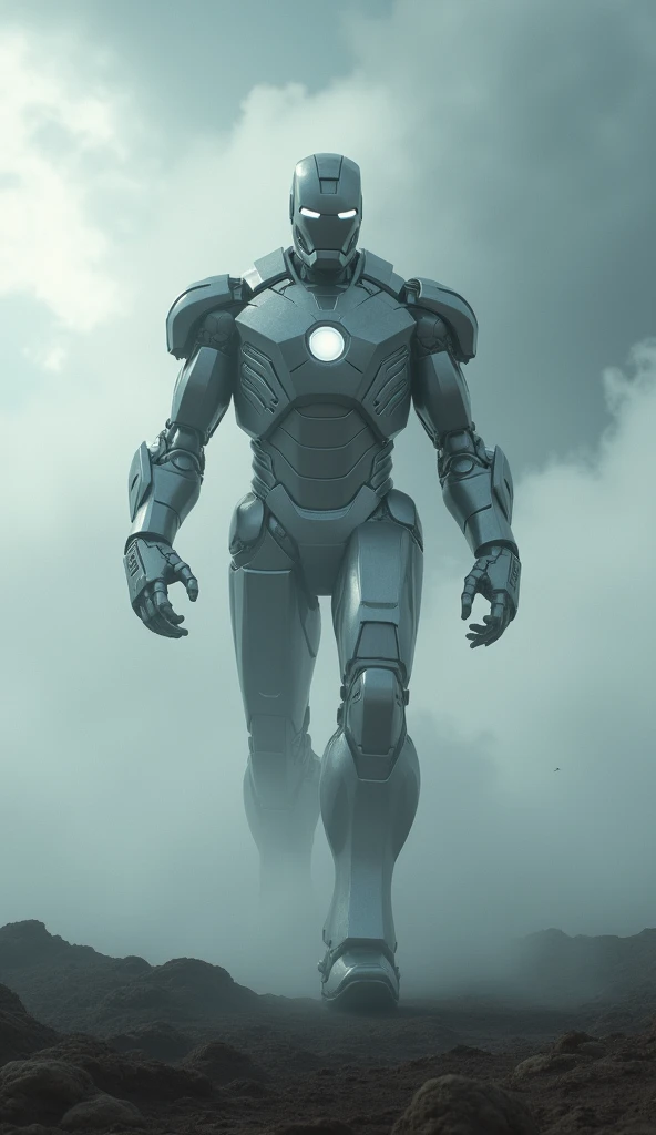 Gigantic ironman walking across a plain in the distance amid fog, white haze, dark clouds, grimdark ,supense, unearthly, octan render, unreal engine , photorrealistic, hyper realism, highy detailed, high qualiy, intrincately detailed,Volumetric lighting, full character, 4K, ,hard disk ,Full HD, 8k, RTX, high resolution, detailed shadows, incredibily detailed, perfect, Dramatic scale