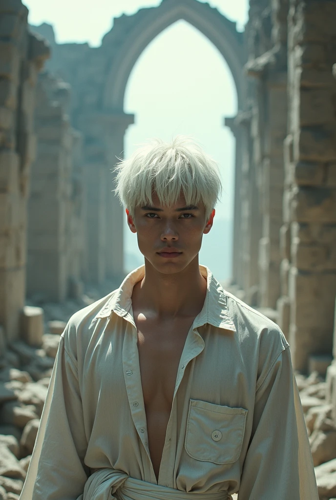 Erkek.bwhite hair.Half angel.There are ruins behind you.