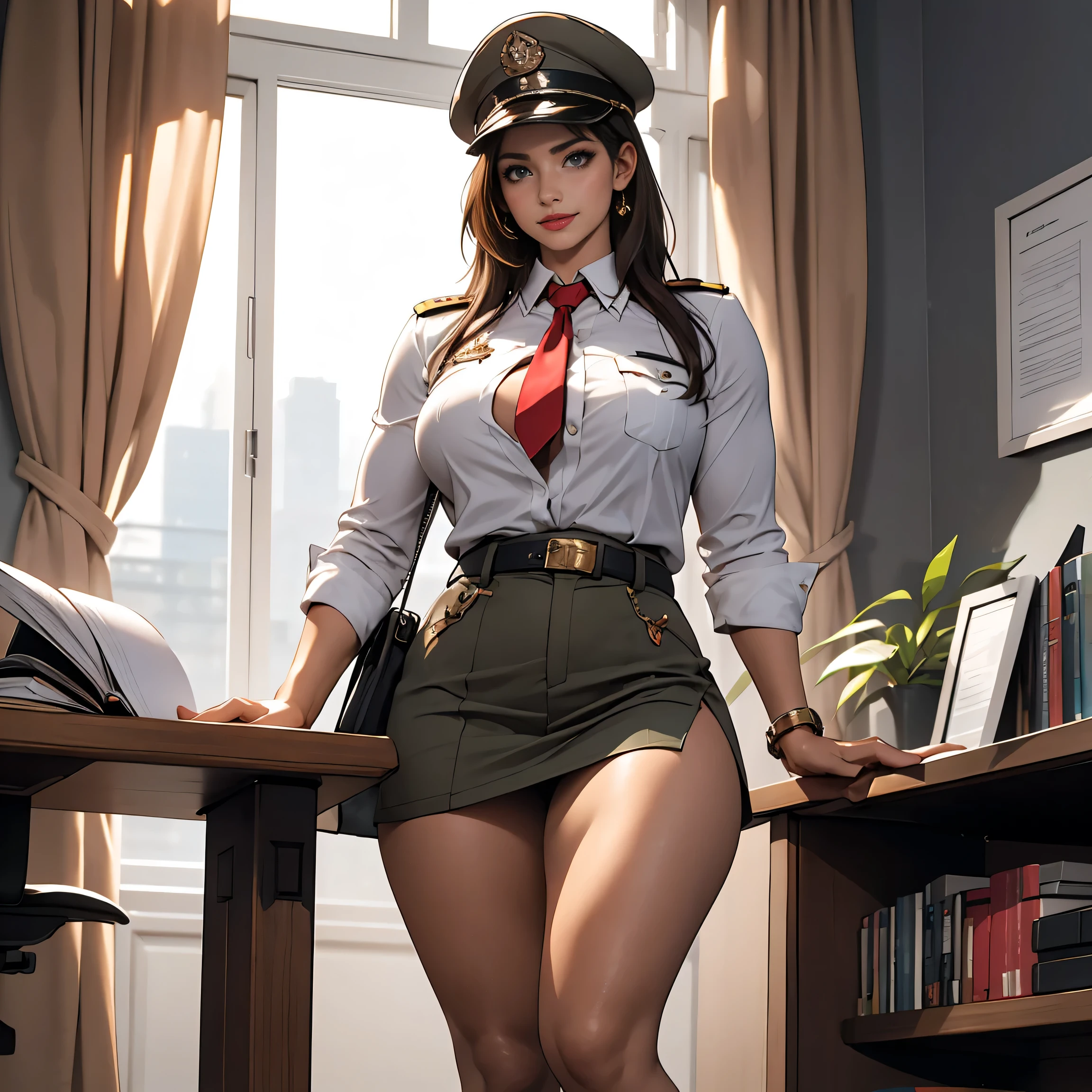 (((1 woman in frame), Pretty Caucasian (female), Sarah Shahi, a slim but muscular body, huge breasts)), ((bright red lipstick)), ((seductive smile)) ((big bright blue eyes looking towards the viewer)) ((short messy dark brown hair)), [[[((in militant appearance)), ((The uniform's collar adorned with gold insignia, sits proudly atop her shoulders)), highlighting her strong neck and flowing mane, ((The uniform's sleeves, rolled up to her forearms, reveal her tanned and toned arms, each muscle defined and ready for action, ((detailed hands and fingers, ((two hands, 5 fingers in each hands)), )), )), (((ultra micro miniskirt, very very very micro miniskirt exposing full lengthy thick thighs))), ((army cap)), accentuates her long, shapely legs.]] The uniform's belt, cinched tightly around her waist, emphasizes her small, defined waist and hips.] The uniform's skirts, rustle softly with each step she takes, adding an air of mystery and allure to her, ((front view)), in office, military background, ((front view)),
