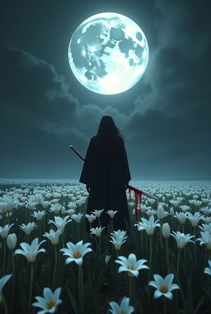 A field of white lilies, at night, with the full moon in the dark sky, the edge of the moon dripping blood. in the middle, a man in black clothes, long dark hair carries a katana with blood on the edge 