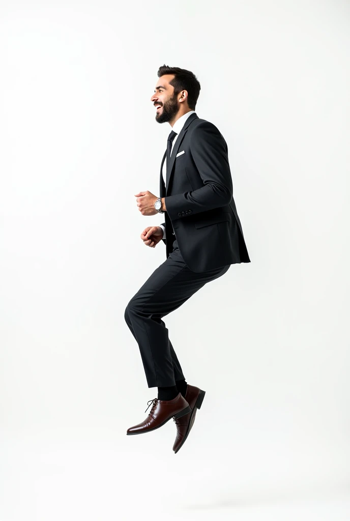 Man wearing suit and tie floating, full body, profiled, smiling surprised face, white background