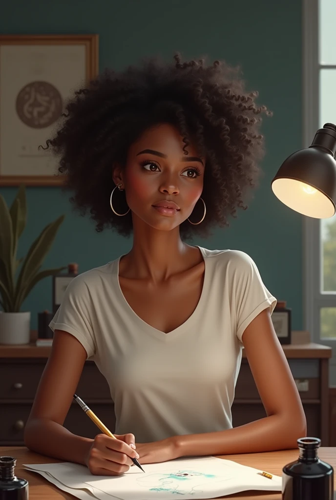 Woman with dark skin and curly hair wearing a closed t-shirt, sitting in front of the table with a drawn paper and bottles of ink, holding a pencil and looking forward