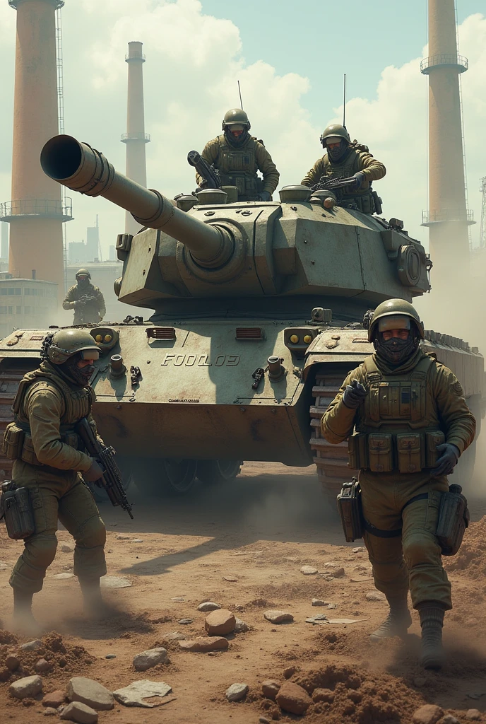a group of soldiers ambushing a tank in diesel punk theme