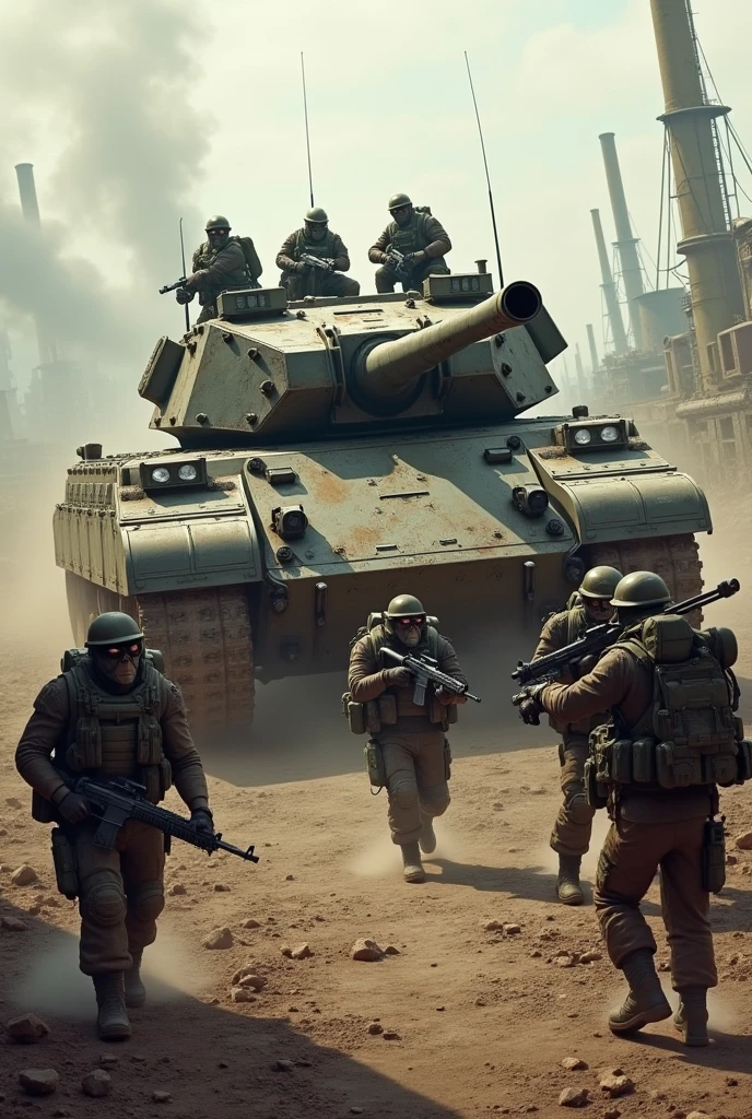 a group of soldiers ambushing a tank  in diesel punk theme