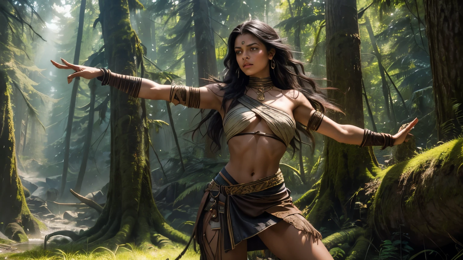 Style: "Prehistoric fantasy setting with a focus on authentic primitive clothing and accessories, reflecting the materials and craftsmanship of early human cultures." Forest hunter Arunna is a beautiful prehistoric woman of the European race. Face: Oval, with well-defined cheekbones, a straight nose and full lips. Big green eyes, dark brown hair with red highlights, long, wavy, loose. Light tanned skin. Body: Tall, athletic figure with muscular but graceful arms and legs. Medium-sized breasts, toned stomach, wide hips. Tattoos: A black tattoo of a primitive sun symbol on the left shoulder and three parallel lines on the right thigh.
Clothing:
Material: Natural raw hide of a wild animal, with rough seams and dark spots.
Skirt: Short, pieced leather, dark brown, mid-thigh length, with raw edges and side slits.
Top: A primitive bra of the same material, covering only the breasts, tied at the back with a leather string.
Armlets: Long leather bands wrapped around the wrists, decorated with fur and wood and bone beads.
Pose:
Arunna stands on half-bent legs, preparing to throw the spear. She holds a spear with her left hand and touches the ground with her right hand, checking for tracks. Her body is slightly bent forward, ready for action.
Facial expression: Concentrated, slightly raised eyebrows, eyes wide open, focused on the prey.
Background:
Dense forest area, with tall trees and dense vegetation. Sunlight breaks through the branches, creating playful shadows on the ground.