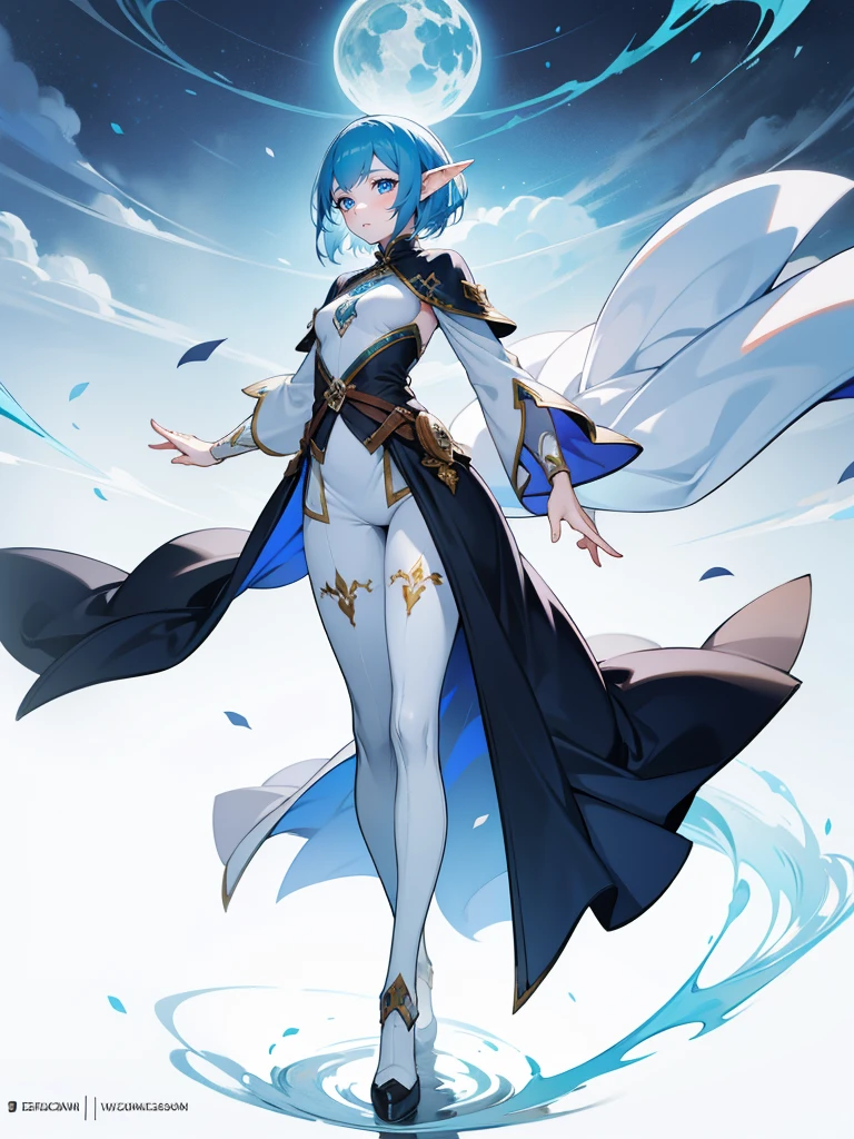 detailed, 1girl,detailed face,elf,short blue hair, dark blue eyes,elf, pale skin,fantasy,fullbody,wind